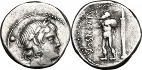 L. Censorinus. AR Denarius, 82 BC. Obv. Laureate head of Apollo right; to left, uncertain symbol (globe?). Rev. L. CENSOR. The satyr Marsyas standing ...