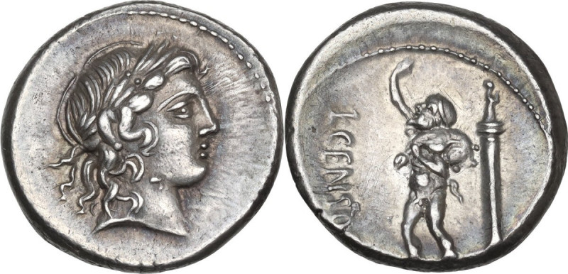 L. Censorinus. AR Denarius, 82 BC. Obv. Laureate head of Apollo right. Rev. L. C...
