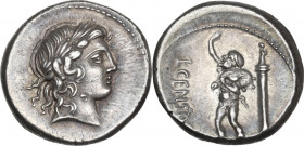 L. Censorinus. AR Denarius, 82 BC. Obv. Laureate head of Apollo right. Rev. L. CENSOR. The satyr Marsyas, standing left, with right arm raised and hol...