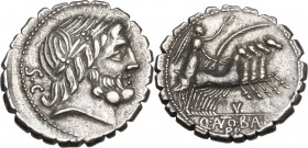 Q. Antonius Balbus. AR Denarius serratus, 83-82 BC. Obv. Laureate head of Jupiter right, S.C behind. Rev. Victory in quadriga right; below horses, V; ...