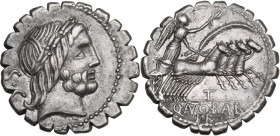 Q. Antonius Balbus. AR Denarius serratus, 83-82 BC. Obv. Laureate head of Jupiter right, S.C behind. Rev. Victory in quadriga right; below horses, F; ...