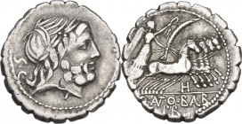 Q. Antonius Balbus. AR Denarius serratus, 83-82 BC. Obv. Laureate head of Jupiter right, S.C behind. Rev. Victory in quadriga right; below horses, H; ...