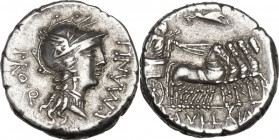 L. Manlius Torquatus. Denarius, mint moving with Sulla, 82 BC. Obv. L·MANLI - PRO·Q. Helmeted head of Roma right. Rev. Sulla in walking quadriga right...