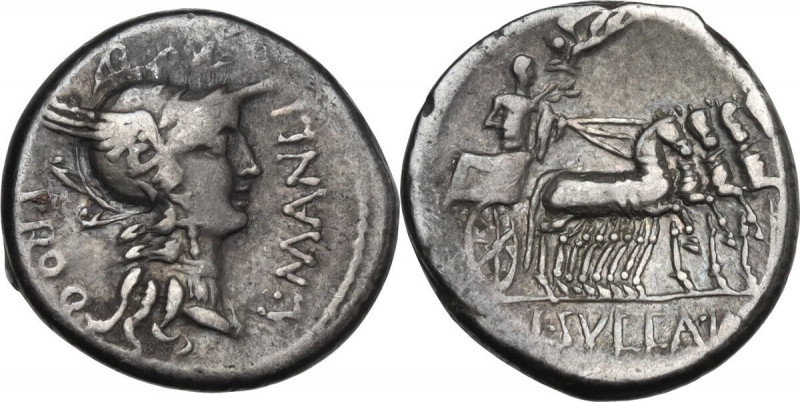 L. Manlius Torquatus. AR Denarius, 82 BC. Obv. L. MANLI PRO. Q. Helmeted head of...