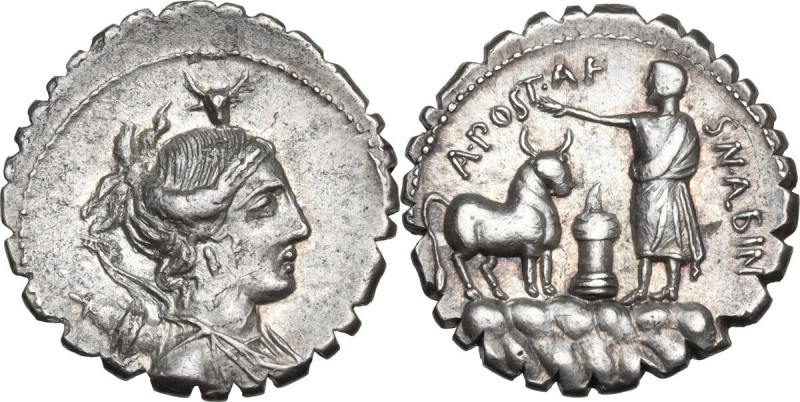 A. Postumius A.f. Sp. n. Albinus. AR Denarius serratus, 81 BC. Obv. Draped bust ...