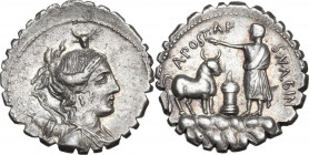 A. Postumius A.f. Sp. n. Albinus. AR Denarius serratus, 81 BC. Obv. Draped bust of Diana right, with bow and quiver over shoulder; above head, bucrani...