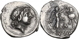 Anonymous. AR Quinarius, 81 BC. Obv. Laureate head of Apollo right. Rev. Victory right, crowning trophy; in field, V. In the centre, compass dot. Cr. ...