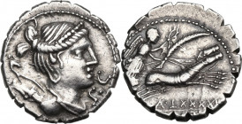 Ti. Claudius Ti. f. Ap. n. Nero. AR Denarius serratus, 79 BC. Obv. Draped bust of Diana right, bow and quiver on shoulder; before chin, SC. Rev. Victo...