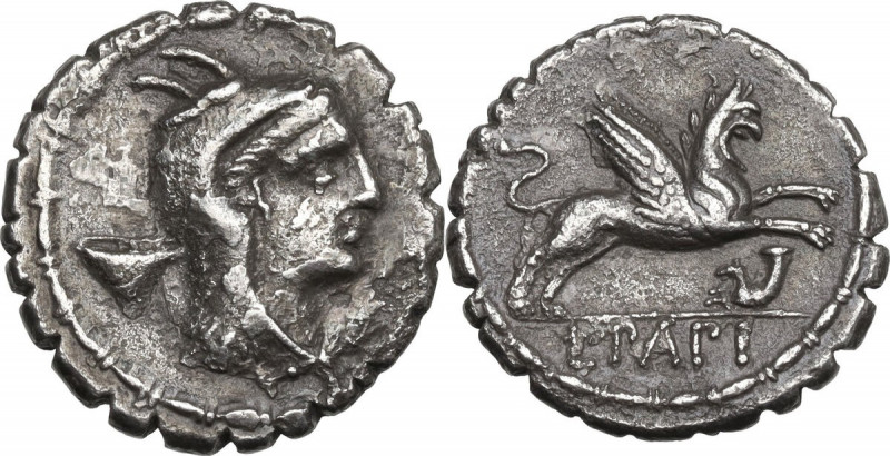 L. Papius. AR Denarius serratus, 79 BC. Obv. Head of Juno Sospita right, wearing...