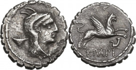 L. Papius. AR Denarius serratus, 79 BC. Obv. Head of Juno Sospita right, wearing goat's skin; behind, shallow cup. Bead-and-reel border. Rev. Gryphon ...