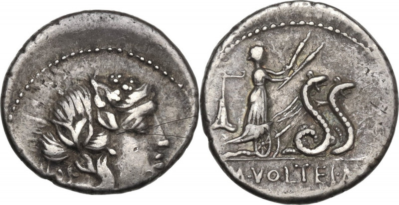 M. Volteius M.f. AR Denarius 78 BC. Obv. Head of Liber right, wearing ivy-wreath...