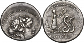 M. Volteius M.f. AR Denarius 78 BC. Obv. Head of Liber right, wearing ivy-wreath. Rev. Ceres in biga of snakes right, holding torch in each hand; behi...