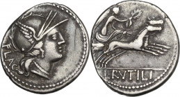 L. Rutilius Flaccus. AR Denarius, 77 BC. Obv. Helmeted head of Roma right; behind, FLAC. Rev. Victory in biga right, holding reins and wreath; in exer...