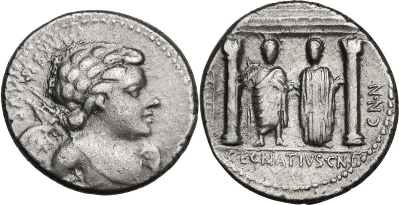 Cn. Egnatius Cn. f. Cn. n. Maxsumus. AR Denarius, 75 BC. Obv. MAXSVMVS. Winged b...