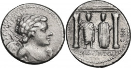 Cn. Egnatius Cn. f. Cn. n. Maxsumus. AR Denarius, 75 BC. Obv. MAXSVMVS. Winged bust of Cupid right, bow and quiver of arrows over shoulder. Rev. Disty...