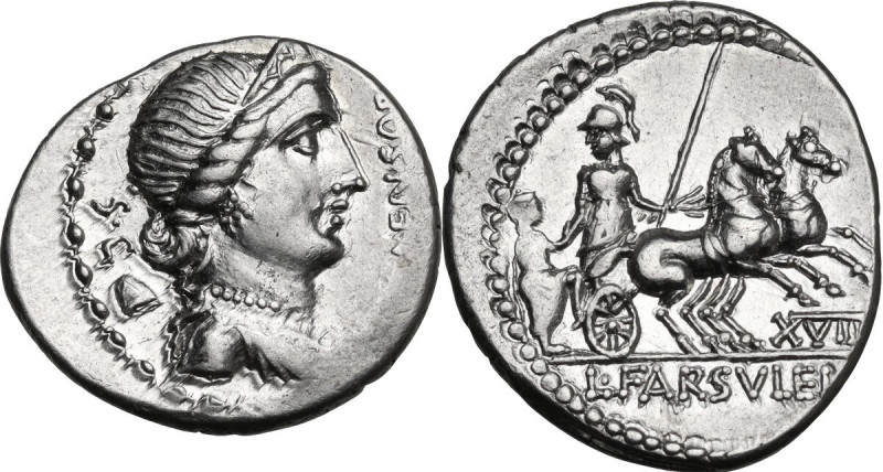 L. Farsuleius Mensor. AR Denarius, 75 BC. Obv. Diademed and draped bust of Liber...