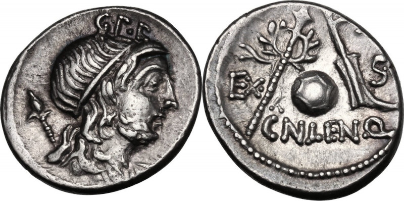 Cn. Lentulus. AR Denarius, 76-75 BC. Obv. Diademed and draped bust of the Genius...