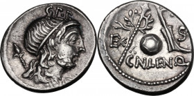 Cn. Lentulus. AR Denarius, 76-75 BC. Obv. Diademed and draped bust of the Genius of the Roman People right, sceptre on shoulder; above, G.P.R. Rev. EX...