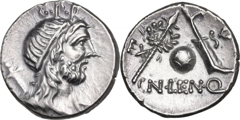Cn. Lentulus. AR Denarius, 76-75 BC. Obv. Diademed and draped bust of the Genius...