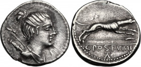 C. Postumius. AR Denarius, 74 BC. Obv. Bust of Diana right, wearing hair tied into knot; bow and quiver over shoulder. Rev. Hound running right; hunti...
