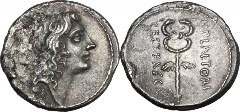 M. Plaetorius M. f. Cestianus. AR Denarius, 69 BC. Obv. Young male head right; [...