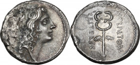 M. Plaetorius M. f. Cestianus. AR Denarius, 69 BC. Obv. Young male head right; [behind, symbol]. Rev. Caduceus between M. PLAETORI and CEST. EX. S.C. ...