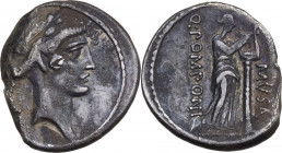 Q. Pomponius Musa. AR Denarius, 66 BC. Obv. Laureate head of Apollo right; behind, partially off flan, lyre-key. Rev. Calliope standing right, playing...
