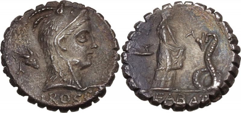 L. Roscius Fabatus. AR Denarius serratus, 64 BC. Obv. Head of Juno Sospita right...