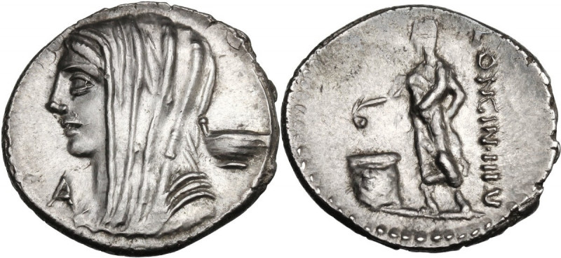 L. Cassius Longinus. AR Denarius, 63 BC. Obv. Veiled and draped bust of Vesta le...