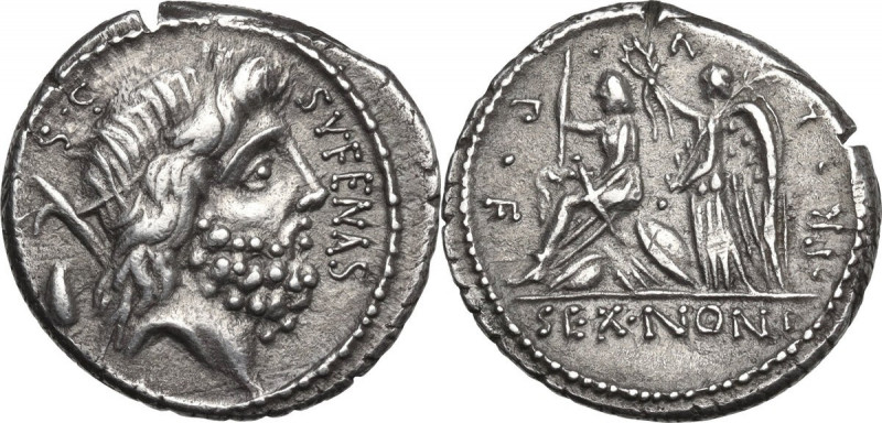 M. Nonius Sufenas. AR Denarius, 59 BC. Obv. Head of Saturn right; before, SVFENA...