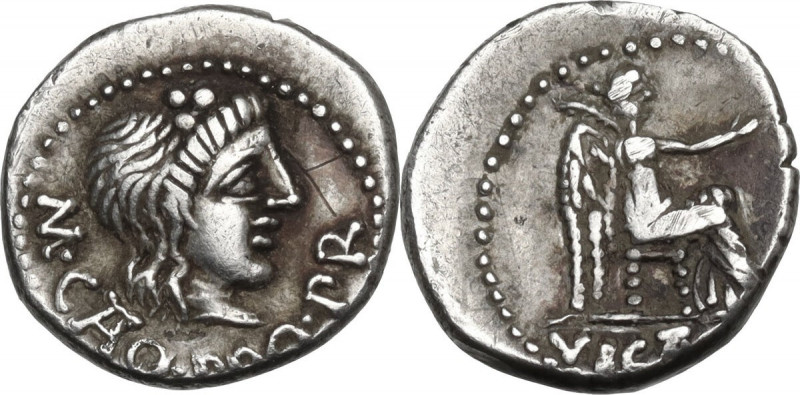 M. Porcius Cato. AR Quinarius, 47- 46 BC. Africa. Obv. Head of Liber right, crow...