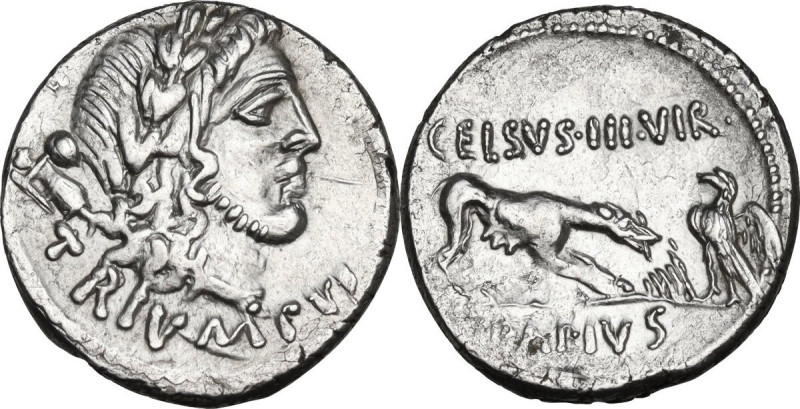 L. Papius Celsus. AR Denarius, 45 BC. Obv. Laureate head of Triumphus right, wit...