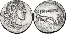 L. Papius Celsus. AR Denarius, 45 BC. Obv. Laureate head of Triumphus right, with trophy over shoulder; below, TRIVMPVS. Rev. CELSVS III VIR. She-wolf...