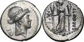 P. Clodius M.f. Turrinus. AR Denarius, 42 BC. Obv. Laureate head of Apollo right; behind, lyre. Rev. P. CLODIVS - M.F. Diana standing right, with bow ...
