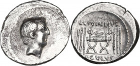 L. Livineius Regulus. AR Denarius, 42 BC. Obv. Head of L. Livineius Regulus right. Rev. Curule chair; on either side, three fasces; above, L·LIVINEIVS...