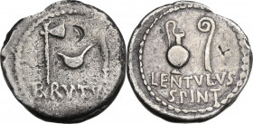 Brutus and Lentulus Spinther. AR Denarius, 43-42 BC. Obv. Axe, culullus and knife; below, BRVTVS. Rev. Jug and lituus; below, LENTVLVS/SPINT. Cr. 500/...