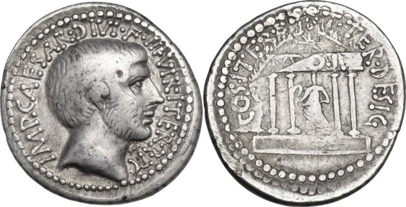 Octavian. AR Denarius, mint moving with Octavian, 36 BC. Obv. IMP CAESAR DIVI F ...