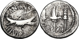 Mark Antony. Fourrèe Denarius, 32-31 BC. Obv. ANT. AVG. III. VIR. R.P.C. Praetorian galley right. Rev. LEG XI. Legionary eagle between two standards. ...