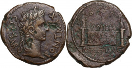 Augustus (27 BC - 14 AD) . AE As. Lugdunum mint. Struck 10-7(?) BC. Obv. CAESAR PONT MAX. Laureate head right. Rev. Front elevation of the Altar of Lu...