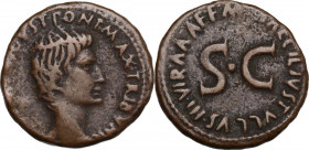Augustus (27 BC - 14 AD). AE As, Rome mint, 7 BC. Obv. [CAESAR AVG]VST PONT MAX TRIBVNI[C POT] Bare head right. Rev. M MAECILIVS TVLLVS III VIR AAAFF ...