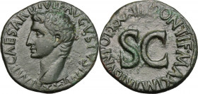 Augustus (27 BC - 14 AD). AE As, 11 AD. Obv. IMP CAESAR DIVI F AVGVSTVS IMP XX. Bare head left. Rev. PONTIF MAXIM TRIBVN POT XXXIIII around large SC. ...