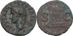Divus Augustus (died 14 AD). AE As, struck under Tiberius, c. 22-30 AD. Obv. DIVVS AVGVSTVS PATER. Radiate head left. Rev. PROVIDENT SC. Monumental al...