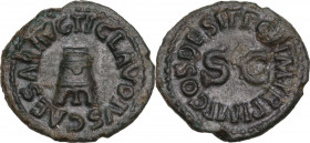 Claudius (41-54). AE Quadrans, Rome mint, 41 AD. Obv. TI CLAVDIVS CAESAR AVG. Three-legged modius. Rev. PON M TR P IMP COS DES IT around large S C. RI...