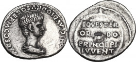Nero as Caesar (50-54). AR Denarius, struck under Claudius. Rome mint, 51-54 AD. Obv. [NER]ONI CLAVDIO DRVSO GERM COS DE[SIGN] Bare-headed and draped ...