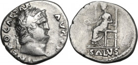Nero (54-68). AR Denarius, 65-66 AD. Obv. NERO CAESAR AVGVSTVS. Laureate head right. Rev. SALVS. Salus seated left on throne, holding patera. RIC I (2...