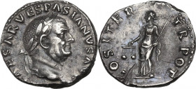 Vespasian (69-79). AR Denarius, 70 AD. Obv. IMP CAESAR VESPASIANVS AVG. Laureate head right. Rev. COS ITER TR POT. Aequitas standing left, holding sca...