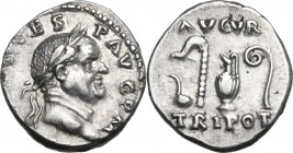Vespasian (69-79 AD). AR Denarius, 72-73 AD. Obv. [IMP CAES] VESP AVG P M [COS III] Laureate head right. Rev. AVGVR TRI POT. Simpulum, aspergillum, ju...