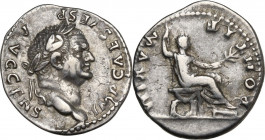 Vespasian (69-79). AR Denarius, 73 AD. Obv. IMP CAES VESP AVG CENS. Laureate head right. Rev. PONTIF MAXIM. Vespasian seated right, holding sceptre an...