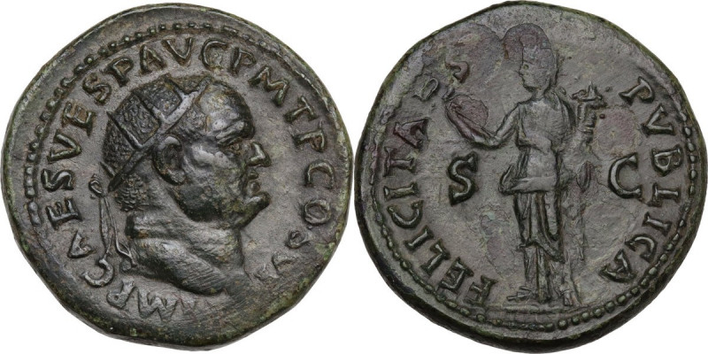 Vespasian (69-79). AE Dupondius, 75 AD. Obv. IMP CAES VESP AVG PM TP COS VI. Rad...