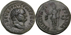 Vespasian (69-79). AE Dupondius, 75 AD. Obv. IMP CAES VESP AVG PM TP COS VI. Radiate head right. Rev. FELICITAS PVBLICA SC. Felicitas standing left, h...